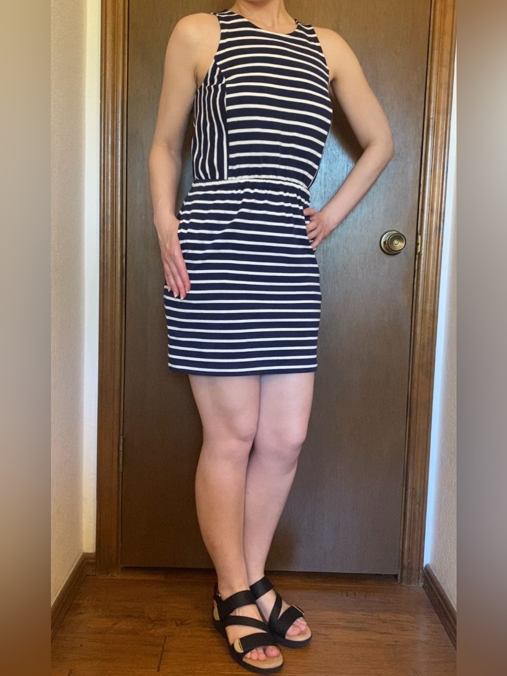 100% cotton LOFT Navy and White Striped Sleeveless Mini Dress XS with Pockets!